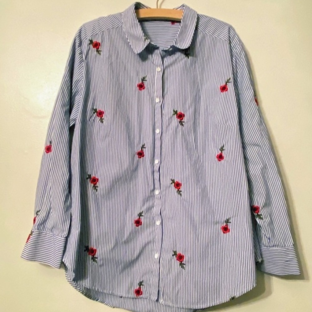 Gibson Latimer blue/white stripped rose embroidery long sleeve blouse
